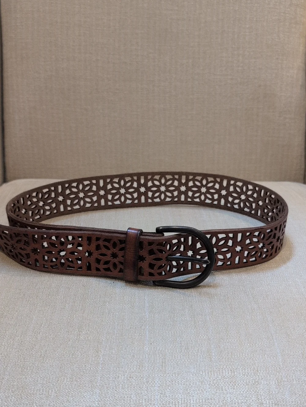 Brown Laser-Cut Floral Leather Belt Gunmetal Buckle Adjustable